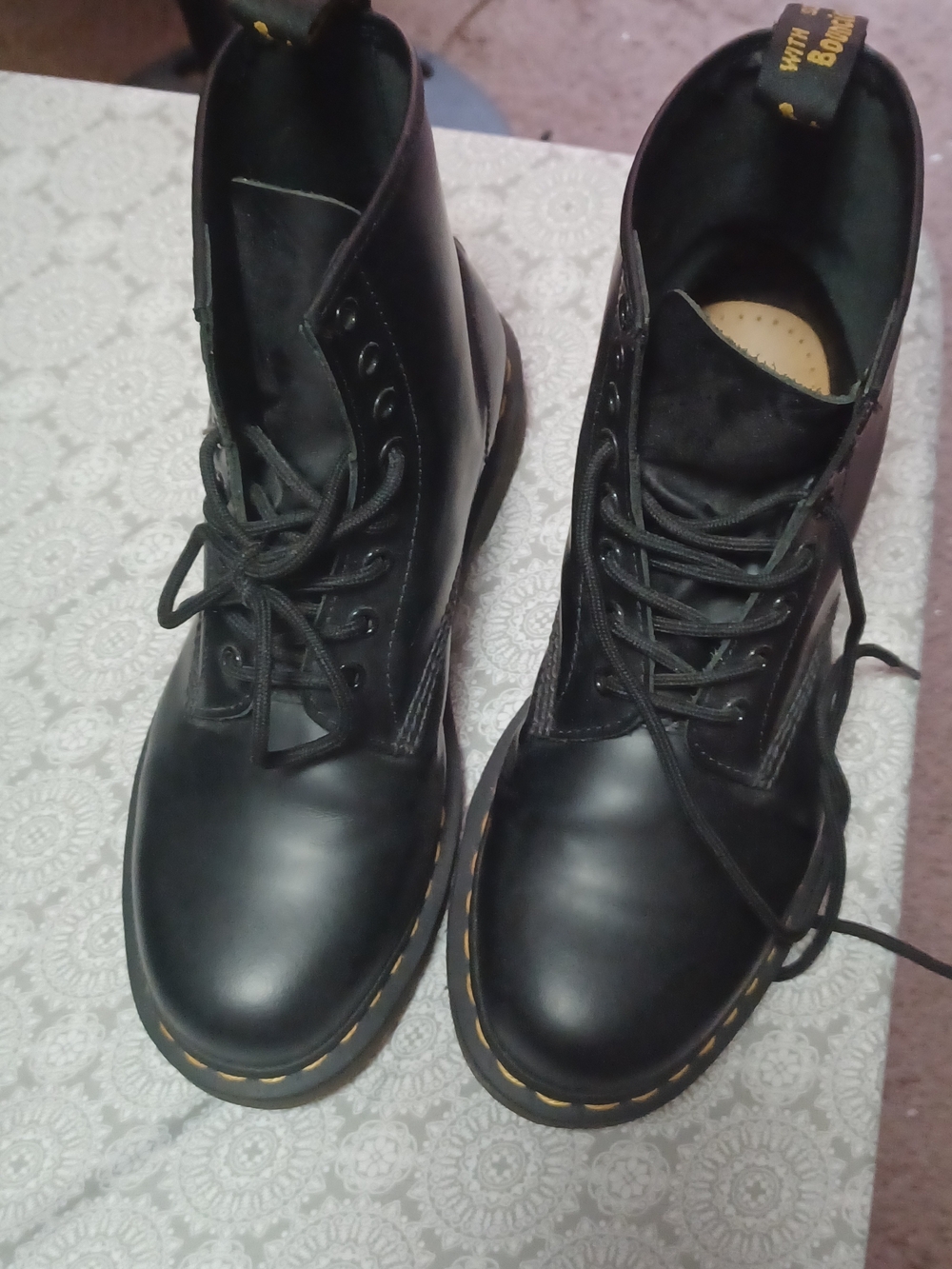 Dr. Martens Black Leather Lace-Up Ankle Boots with Yellow Stitching